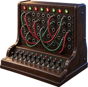 Eine Tisch-Telefonvermittlung, bestückt mit roten und grünen Steckkabeln.