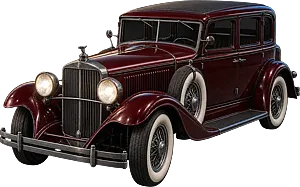 Eine ochsenblutrote Limousine von 1932 mit eingeschalteten Scheinwerfern.