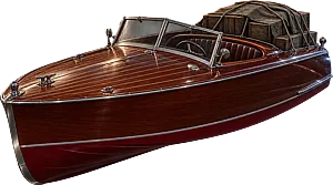 Ein Schmuggler-Schnellboot aus Mahagoni, das Heck voller Schnapskisten unter einer Plane.